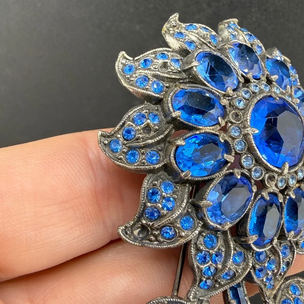 Vintage Pot Metal Brooch Blue Rhinestone Sunflower Brooch Floral  Large
